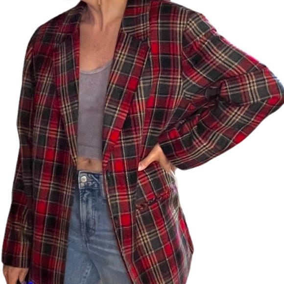 Vintage 90s wool blend single breasted plaid blazer red black tan lined 18 - Picture 2 of 11